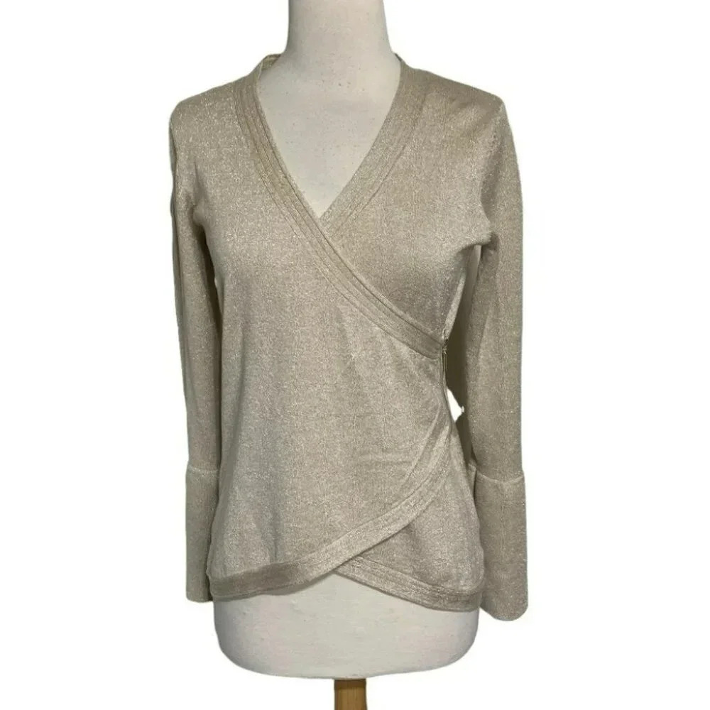 Thalia Sodi Faux Wrap Sweater XS Gold Metallic V-Neck Flared Cuff Side Zip